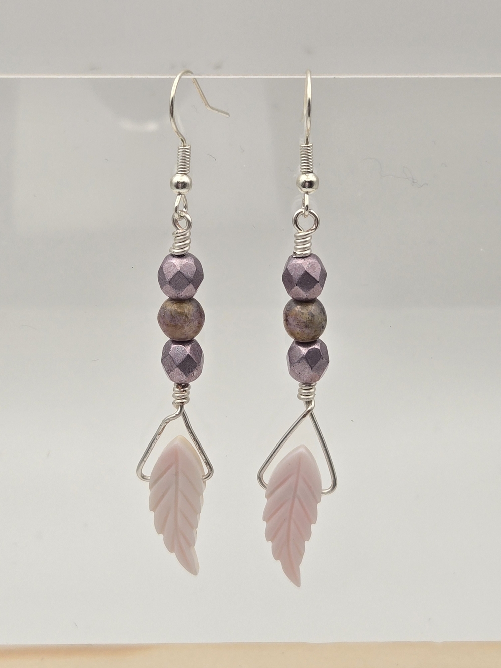 Soft Pink Shell Leaf Drop Earrings with Lavender Beads
